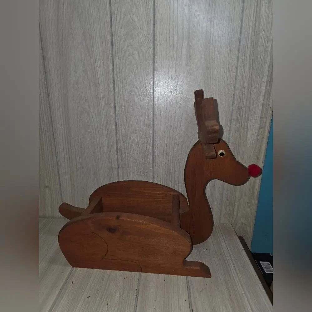 Vtg Handcrafted Rudolph The Red Nose Reindeer Basket Wood Crate Box Holiday